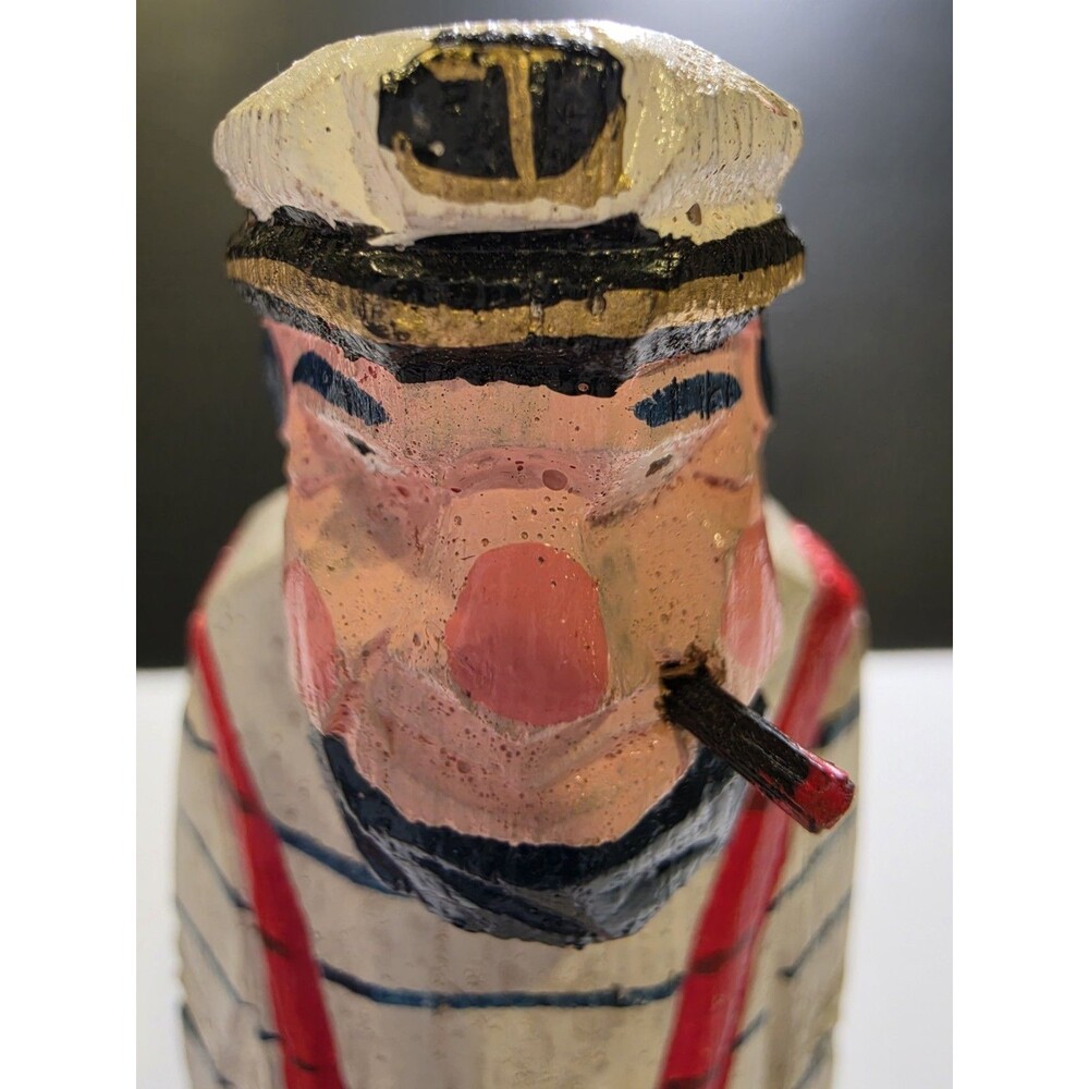 Vintage Hand Carved Wood Sea Captain Sailor Figurine Folk Art Pipe Old Salt 6"
